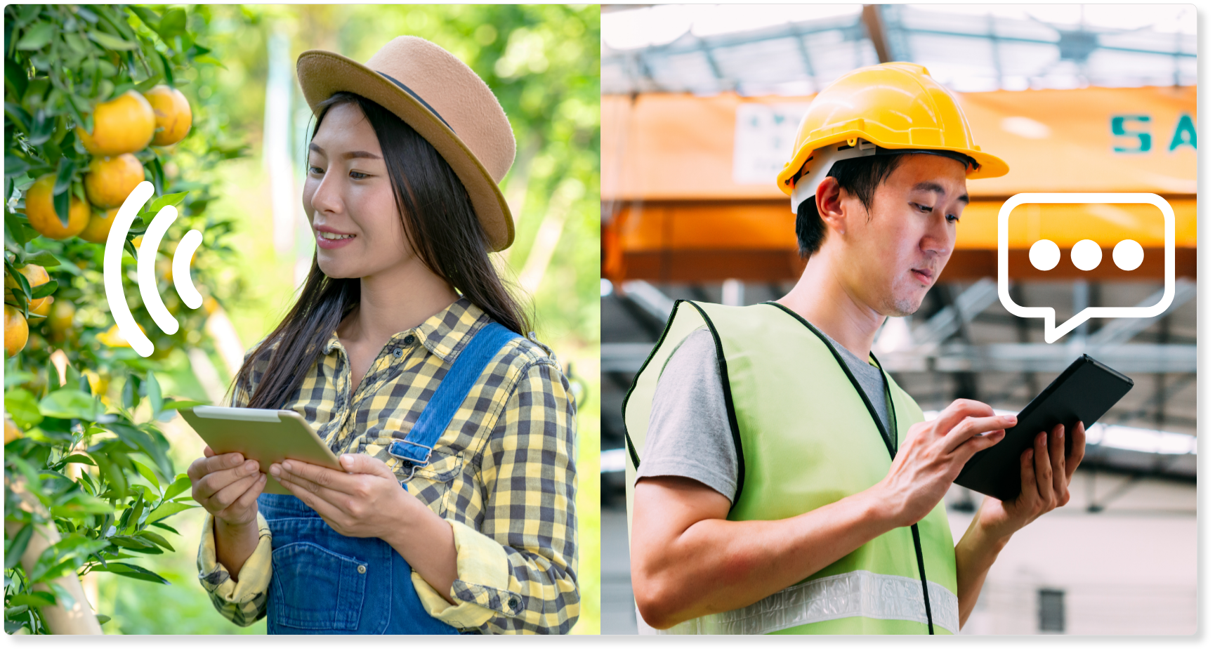 ボイスボットまたはチャットボットとして利用可能なAIミナライをダブレットに導入し、農業に携わる女性は音声入力、建設現場の男性作業員はテキスト入力を行なっている様子